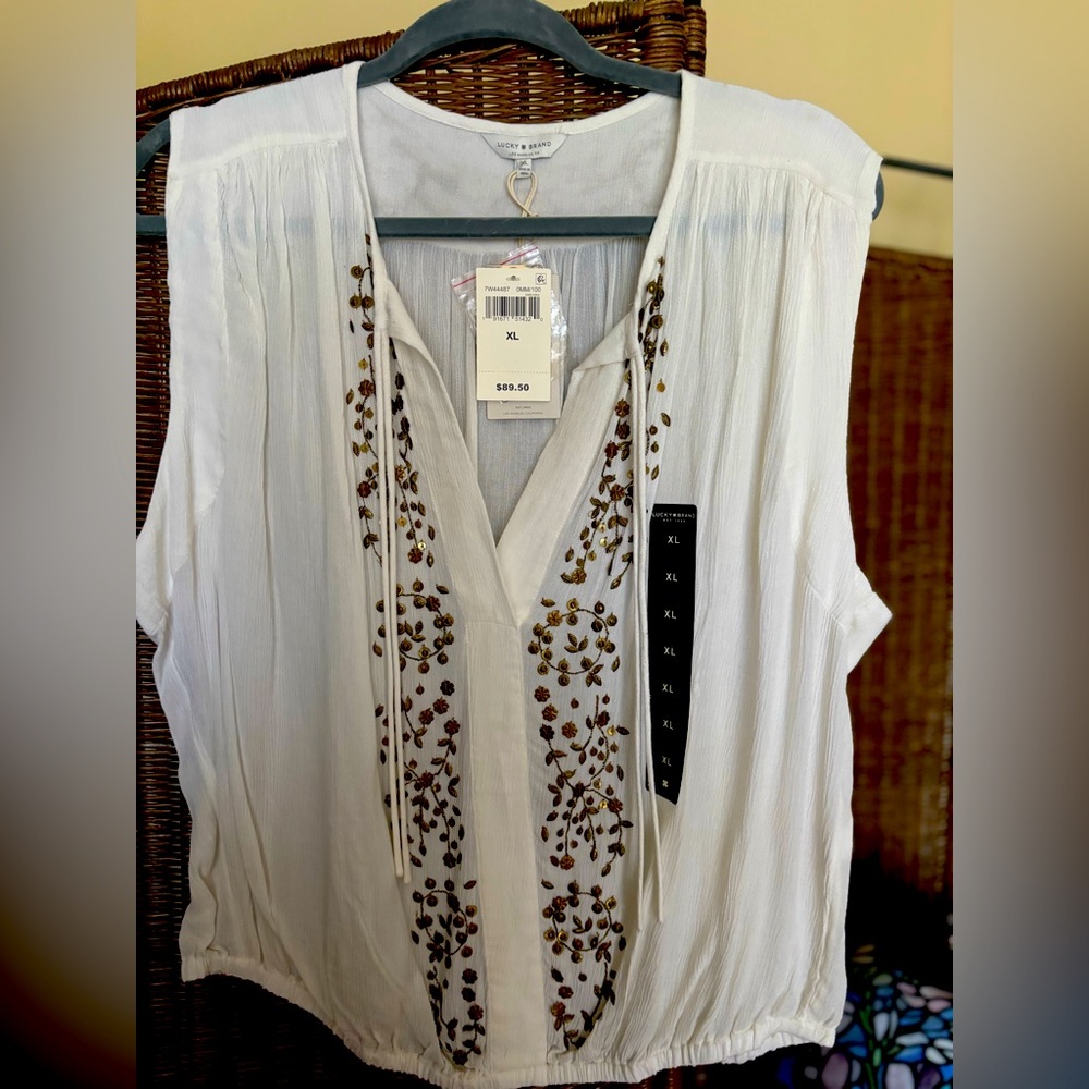 NWT Lucky Brand White Beaded Women's Top